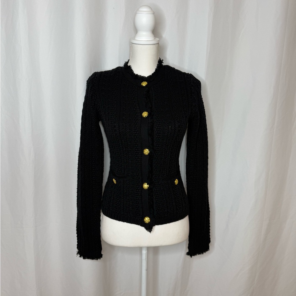 NWOT EXPRESS BLACK TEXTURED EMBELLISHED BUTTON FRINGE SWEATER JACKET CARDIGAN - Picture 3 of 4